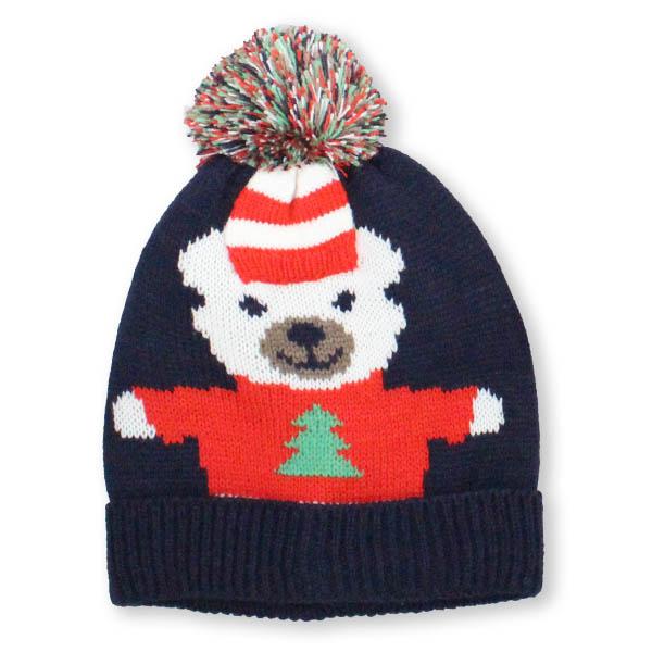 Holiday Polar Bear with Pompom Knit Hat