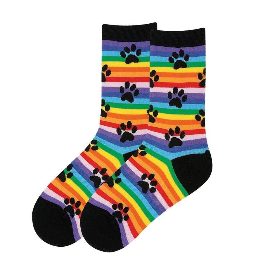 Rainbow Stripe Paw Print Socks Women’s Crew Sock