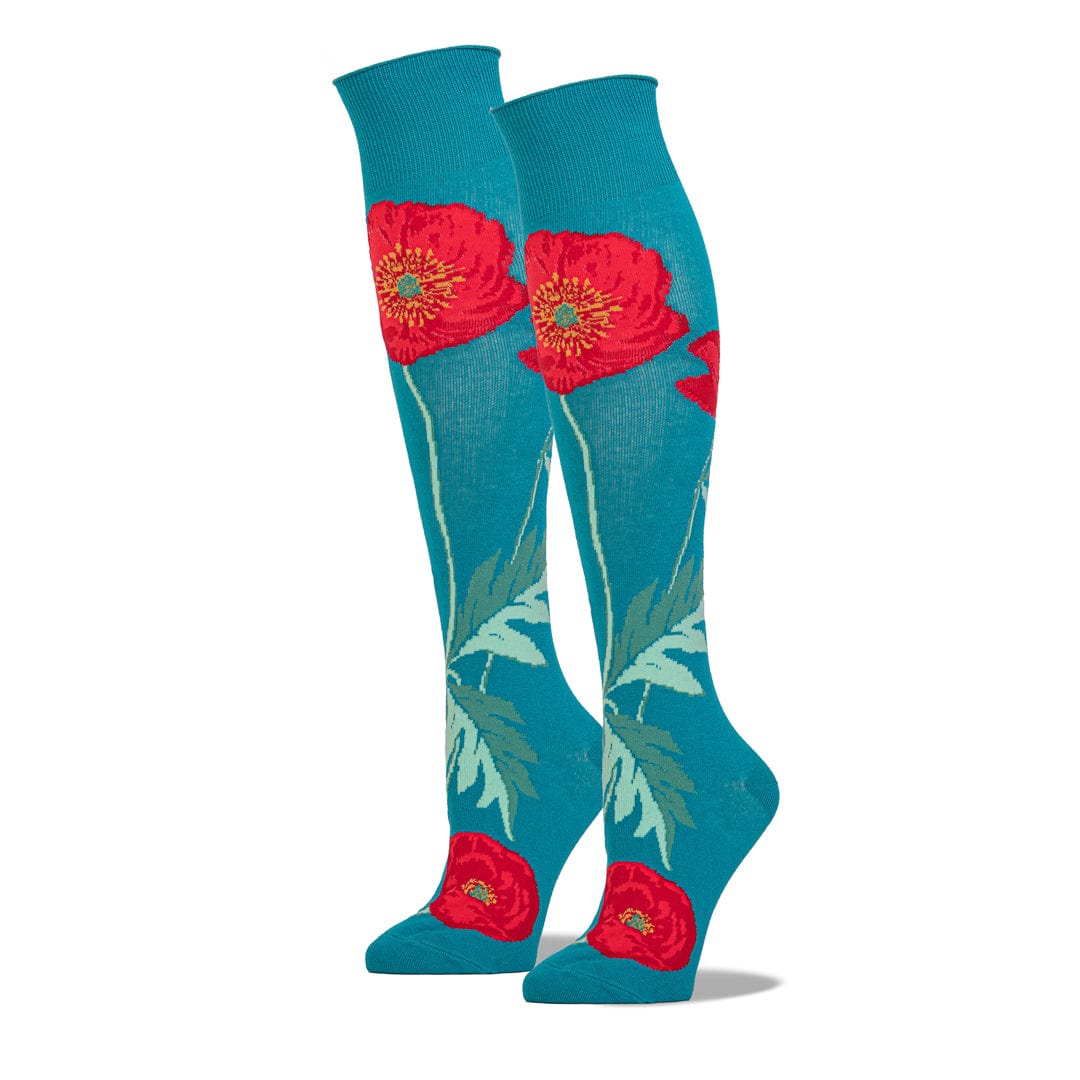 Bold Poppies Flower Socks Teal Women’s Knee High Sock