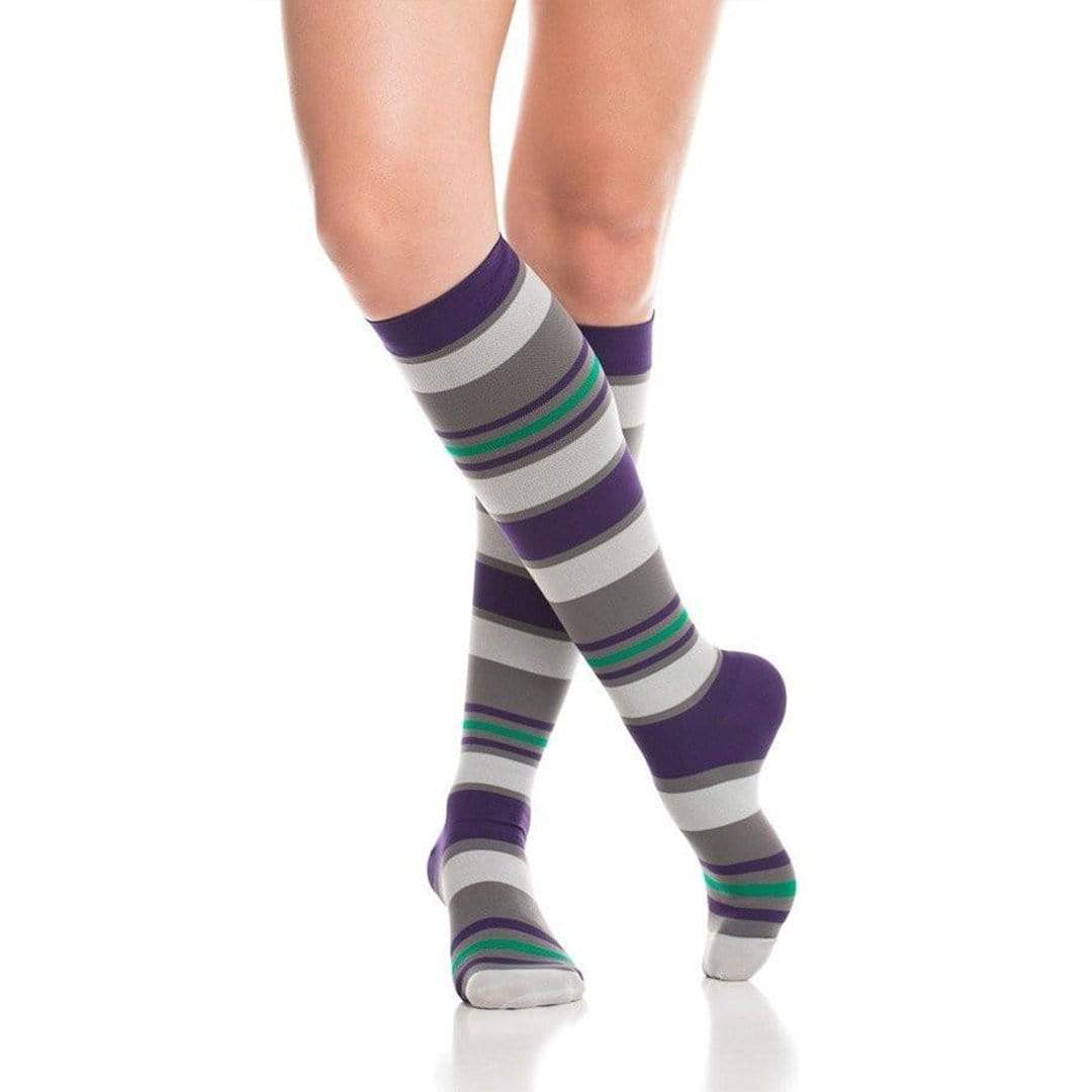 Purple & Grey Fun Stripes Firm Compression Socks Unisex Knee High Sock