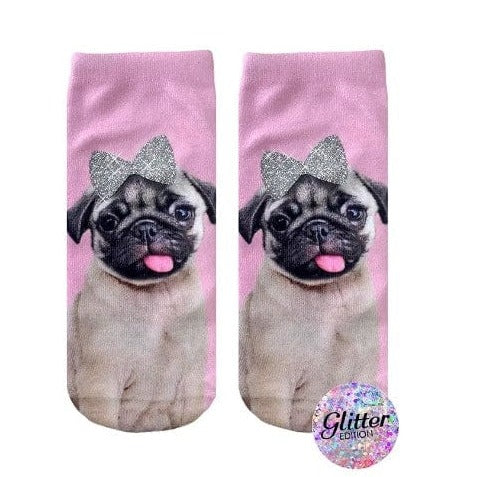 Pug With Bow Glitter Ankle Socks