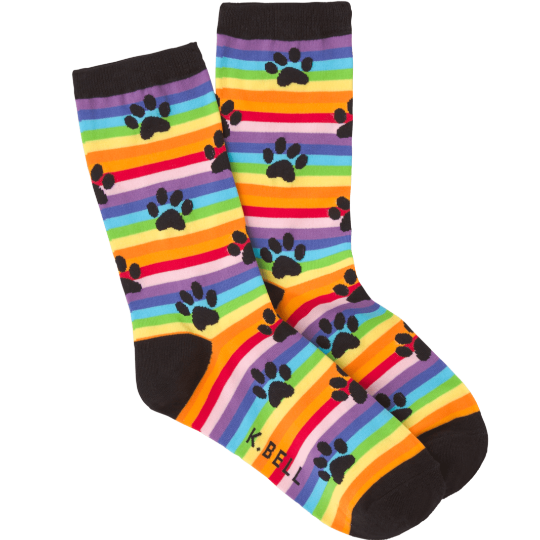 Rainbow Stripe Paw Print Socks Women’s Crew Sock