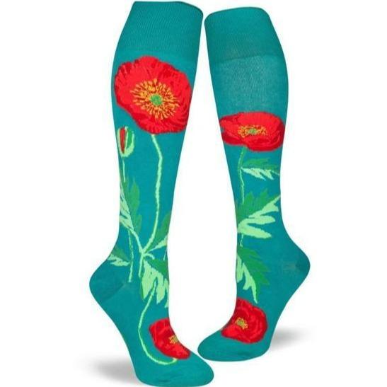 Bold Poppies Flower Socks Teal Women’s Knee High Sock